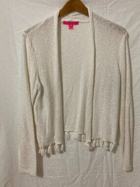 Lily Pulitzer Women L White Open Cardigan Tassel Detail Preppy Girly Classic